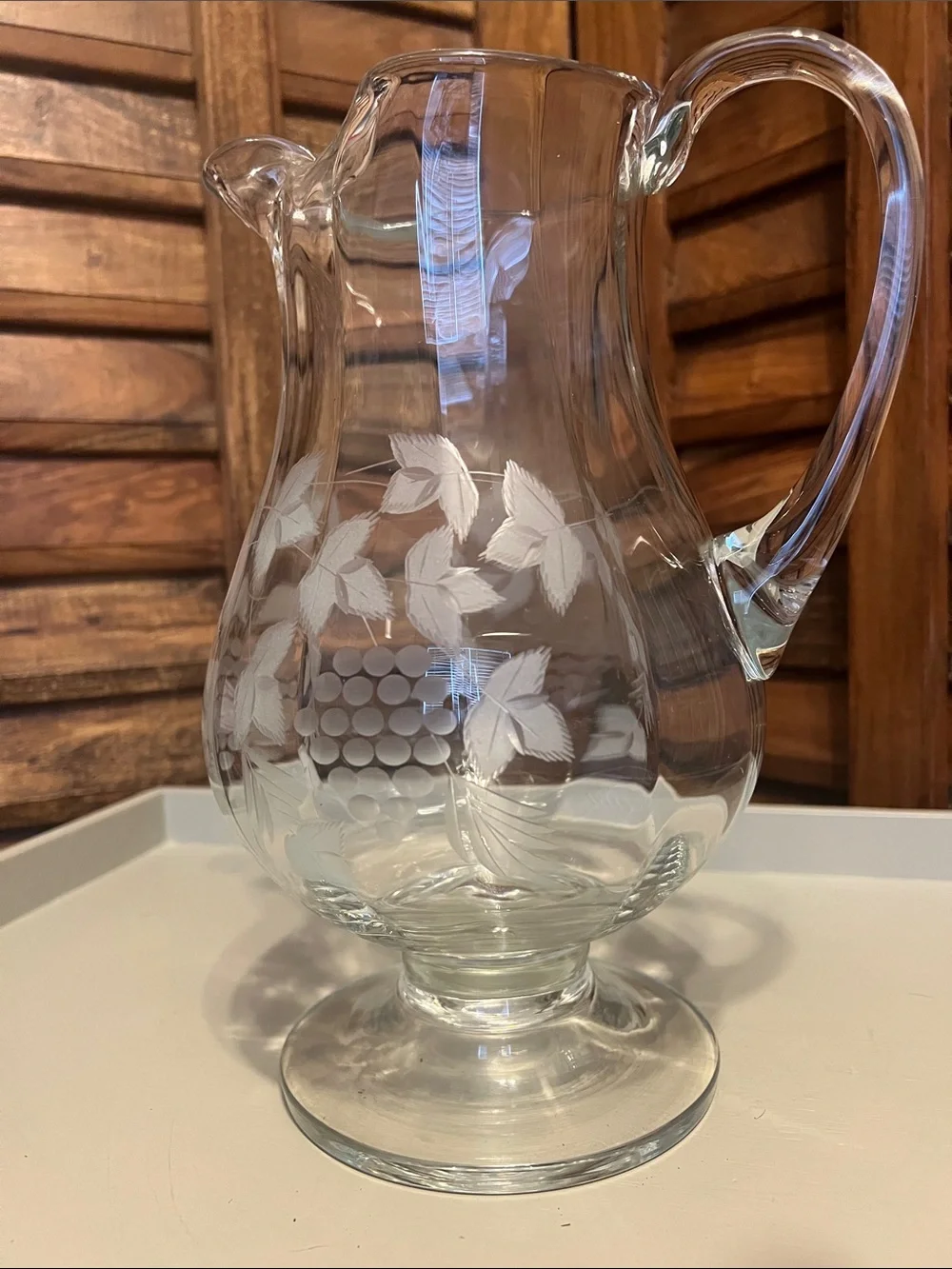 Etched Glass Pitcher with Grapevine Motif - Clear